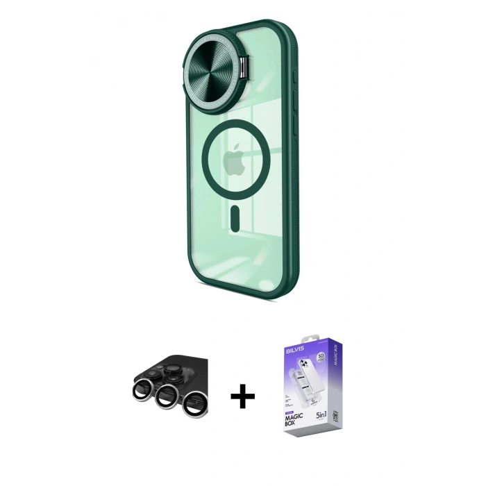 MARSİLYAN™- iPhone 15 Pro Max Kılıf Kıvılcım Modern Koleksiyonu - Siyah Bilvis 5in1 3D Magic Cam Ekran Koruyucu + Gümüş Raze Metal Kamera Lens