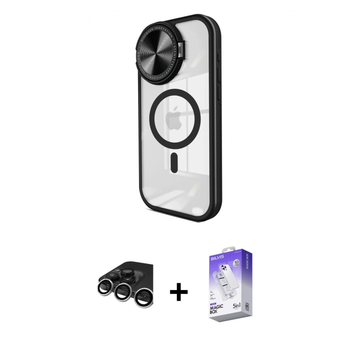 MARSİLYAN™- iPhone 15 Pro Max Kılıf Kıvılcım Modern Koleksiyonu - Siyah Bilvis 5in1 3D Magic Cam Ekran Koruyucu + Gümüş Raze Metal Kamera Lens
