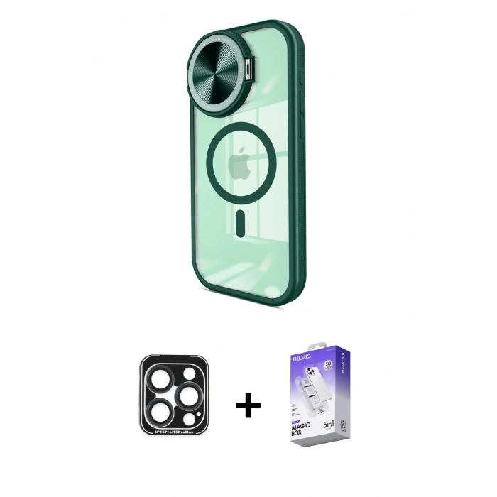 MARSİLYAN™- iPhone 15 Pro Max Kılıf Kıvılcım Modern Koleksiyonu - Siyah Bilvis 5in1 3D Magic Cam Ekran Koruyucu + PVD Metal Kamera Lens - LT