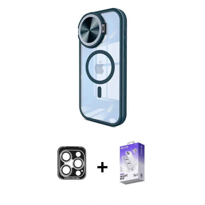 MARSİLYAN™- iPhone 15 Pro Max Kılıf Kıvılcım Modern Koleksiyonu - Siyah Bilvis 5in1 3D Magic Cam Ekran Koruyucu + PVD Metal Kamera Lens - GS