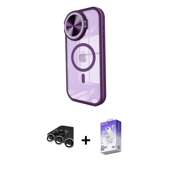 MARSİLYAN™- iPhone 15 Pro Max Kılıf Kıvılcım Modern Koleksiyonu - Siyah Bilvis 5in1 3D Magic Cam Ekran Koruyucu + Gümüş Raze Metal Kamera Lens