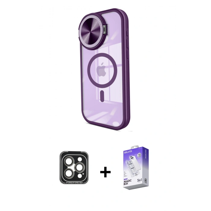 MARSİLYAN™- iPhone 15 Pro Max Kılıf Kıvılcım Modern Koleksiyonu - Siyah Bilvis 5in1 3D Magic Cam Ekran Koruyucu + Gri PVD Metal Kamera Lens