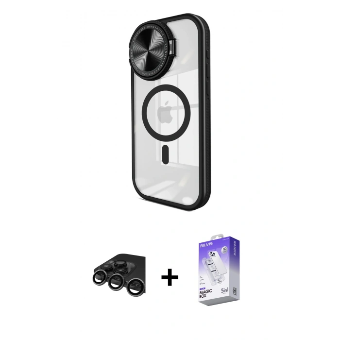 MARSİLYAN™- iPhone 15 Pro Max Kılıf Kıvılcım Modern Koleksiyonu - Siyah Bilvis 5in1 3D Magic Cam Ekran Koruyucu + Raze Metal Kamera Lens - TMGI