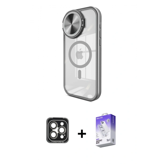 MARSİLYAN™- iPhone 15 Pro Max Kılıf Kıvılcım Modern Koleksiyonu - Siyah Bilvis 5in1 3D Magic Cam Ekran Koruyucu + Gri PVD Metal Kamera Lens