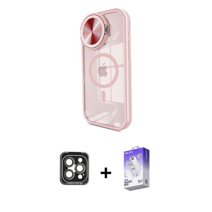 MARSİLYAN™- iPhone 15 Pro Max Kılıf Kıvılcım Modern Koleksiyonu - Siyah Bilvis 5in1 3D Magic Cam Ekran Koruyucu + Gri PVD Metal Kamera Lens