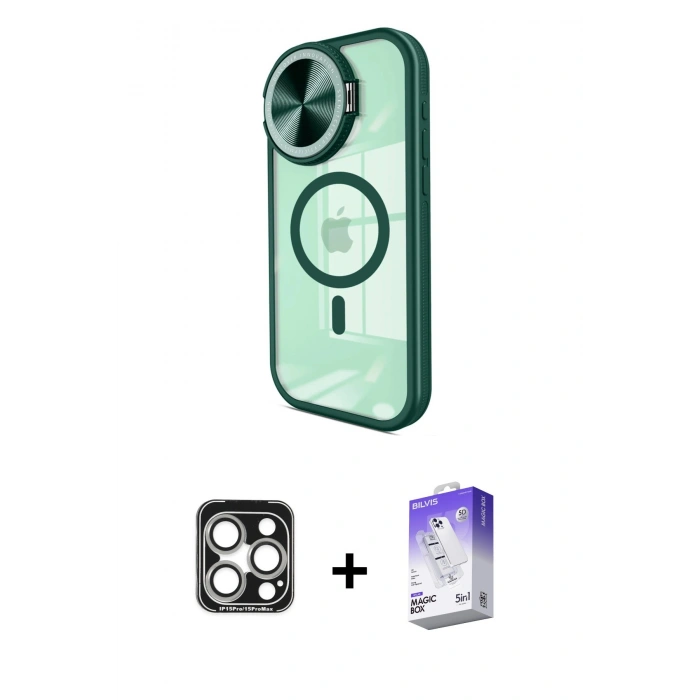 MARSİLYAN™- iPhone 15 Pro Max Kılıf Kıvılcım Modern Koleksiyonu - Siyah Bilvis 5in1 3D Magic Cam Ekran Koruyucu + PVD Metal Kamera Lens - GS