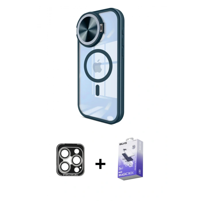 MARSİLYAN™- iPhone 15 Pro Max Kılıf Kıvılcım Modern Koleksiyonu - Siyah Bilvis 5in1 5D Magic Hayalet Cam Ekran Koruyucu + PVD Metal Kamera Lens - GS