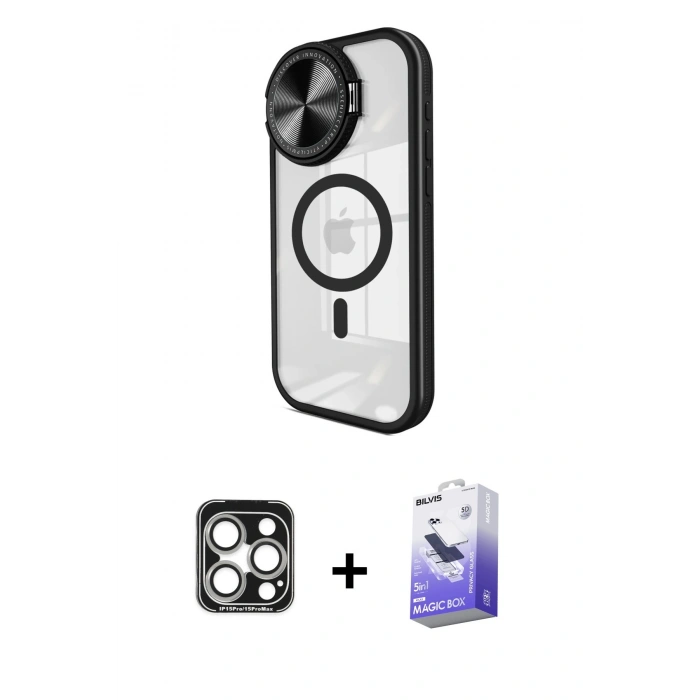 MARSİLYAN™- iPhone 15 Pro Max Kılıf Kıvılcım Modern Koleksiyonu - Siyah Bilvis 5in1 5D Magic Hayalet Cam Ekran Koruyucu + PVD Metal Kamera Lens - GS