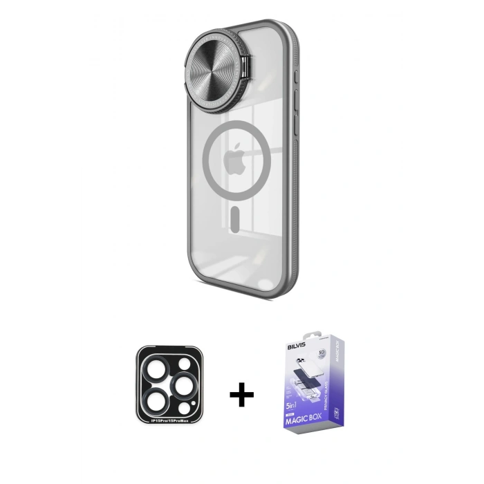 MARSİLYAN™- iPhone 15 Pro Max Kılıf Kıvılcım Modern Koleksiyonu - Siyah Bilvis 5in1 5D Magic Hayalet Cam Ekran Koruyucu + PVD Metal Kamera Lens - LT