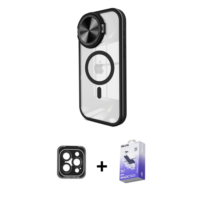 MARSİLYAN™- iPhone 15 Pro Max Kılıf Kıvılcım Modern Koleksiyonu - Siyah Bilvis 5in1 5D Magic Hayalet Cam Ekran Koruyucu + PVD Metal Kamera Lens - SH