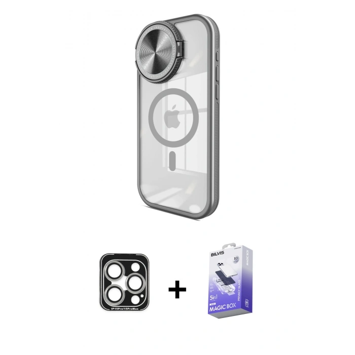 MARSİLYAN™- iPhone 15 Pro Max Kılıf Kıvılcım Modern Koleksiyonu - Siyah Bilvis 5in1 5D Magic Hayalet Cam Ekran Koruyucu + PVD Metal Kamera Lens - GS