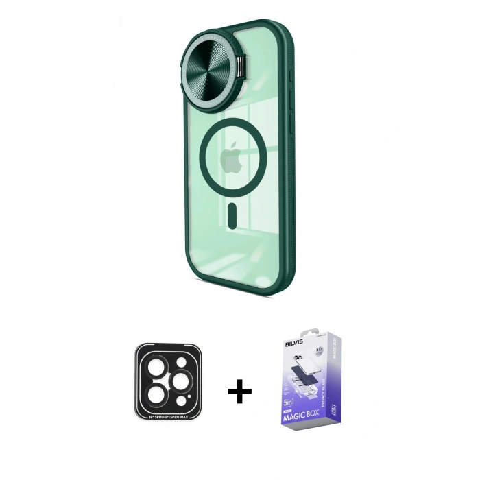 MARSİLYAN™- iPhone 15 Pro Max Kılıf Kıvılcım Modern Koleksiyonu - Siyah Bilvis 5in1 5D Magic Hayalet Cam Ekran Koruyucu + PVD Metal Kamera Lens - SH