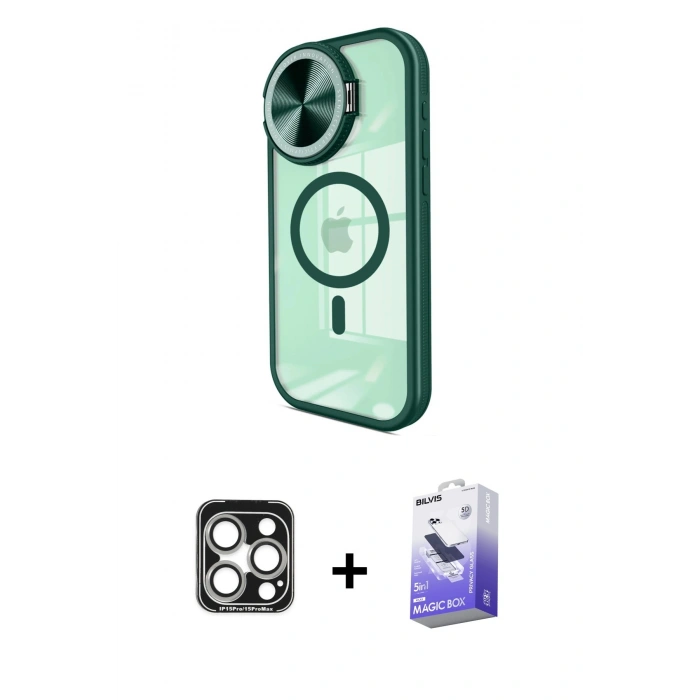MARSİLYAN™- iPhone 15 Pro Max Kılıf Kıvılcım Modern Koleksiyonu - Siyah Bilvis 5in1 5D Magic Hayalet Cam Ekran Koruyucu + PVD Metal Kamera Lens - GS