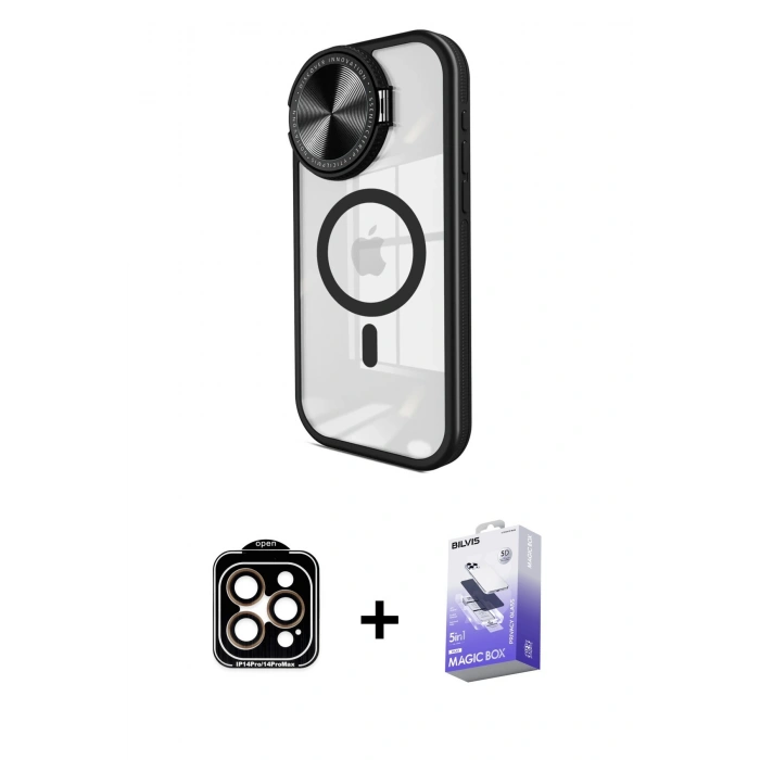 MARSİLYAN™- iPhone 15 Pro Max Kılıf Kıvılcım Modern Koleksiyonu - Siyah Bilvis 5in1 5D Magic Hayalet Cam Ekran Koruyucu + PVD Metal Kamera Lens - TU