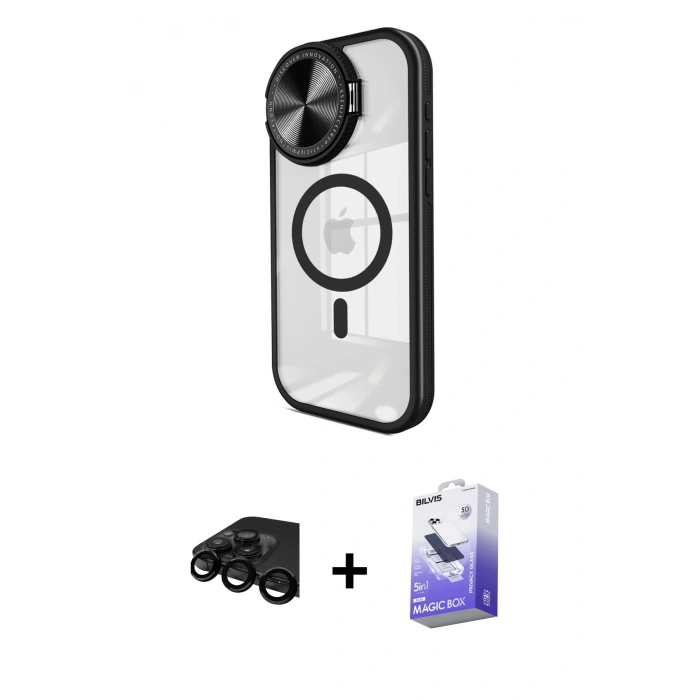 MARSİLYAN™- iPhone 15 Pro Max Kılıf Kıvılcım Modern Koleksiyonu - Siyah Bilvis 5in1 5D Magic Hayalet Cam Ekran Koruyucu + Raze Metal Kamera Lens - SH