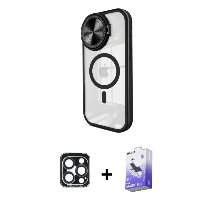 MARSİLYAN™- iPhone 15 Pro Max Kılıf Kıvılcım Modern Koleksiyonu - Siyah Bilvis 5in1 5D Magic Hayalet Cam Ekran Koruyucu + PVD Metal Kamera Lens - LT