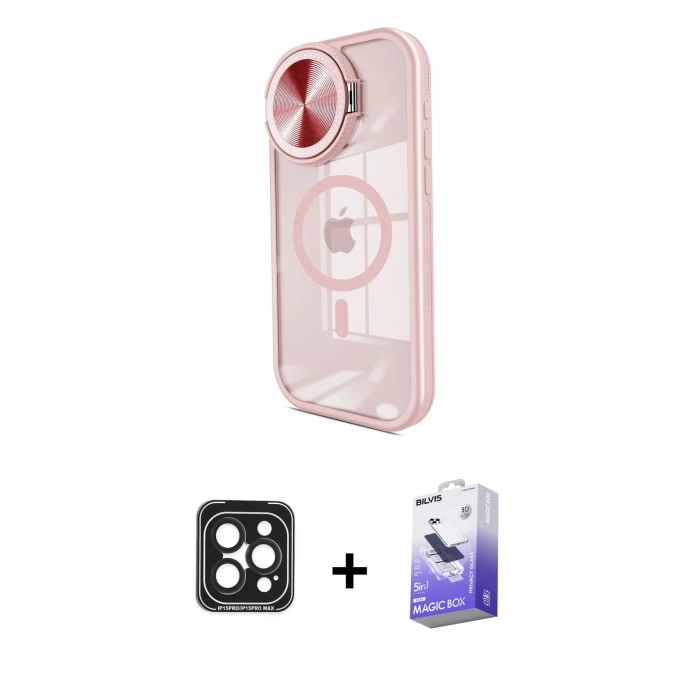 MARSİLYAN™- iPhone 15 Pro Max Kılıf Kıvılcım Modern Koleksiyonu - Siyah Bilvis 5in1 5D Magic Hayalet Cam Ekran Koruyucu + PVD Metal Kamera Lens - SH