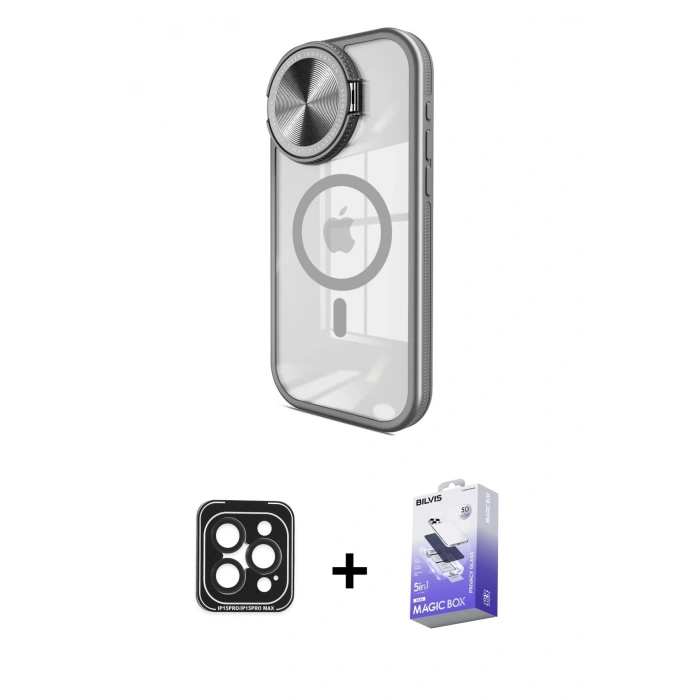 MARSİLYAN™- iPhone 15 Pro Max Kılıf Kıvılcım Modern Koleksiyonu - Siyah Bilvis 5in1 5D Magic Hayalet Cam Ekran Koruyucu + PVD Metal Kamera Lens - SH