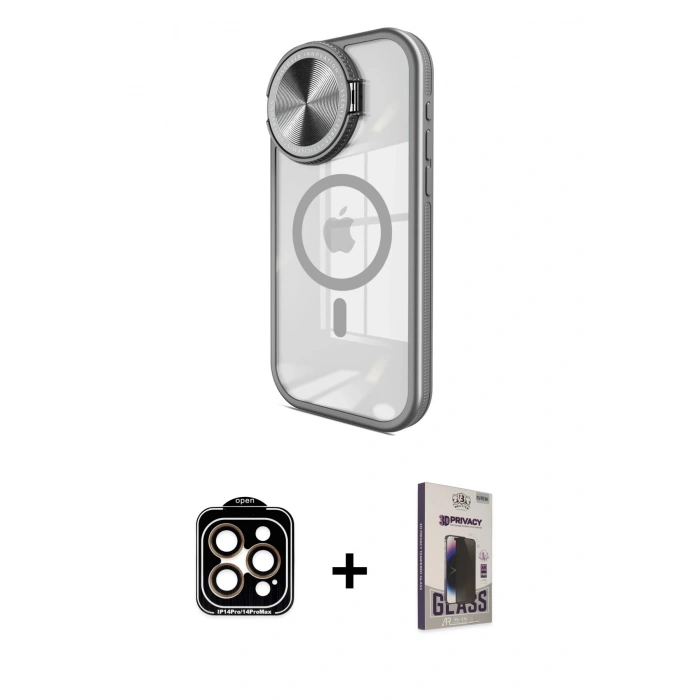 MARSİLYAN™- iPhone 15 Pro Max Kılıf Kıvılcım Modern Koleksiyonu - Siyah Bilvis Hayalet Cam Ekran Koruyucu + PVD Metal Kamera Lens - TU