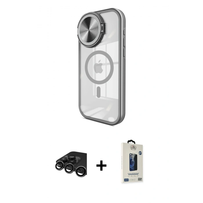 MARSİLYAN™- iPhone 15 Pro Max Kılıf Kıvılcım Modern Koleksiyonu - Siyah Bilvis Hayalet Cam Ekran Koruyucu + Raze Metal Kamera Lens - TMGI