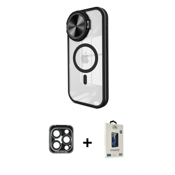 MARSİLYAN™- iPhone 15 Pro Max Kılıf Kıvılcım Modern Koleksiyonu - Siyah Bilvis Hayalet Cam Ekran Koruyucu + PVD Metal Kamera Lens - LT