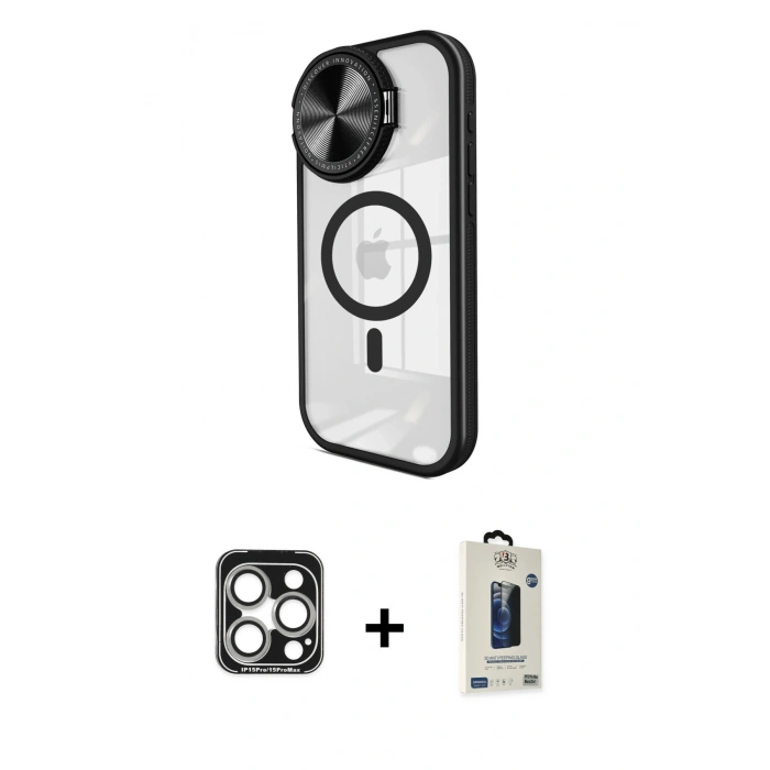 MARSİLYAN™- iPhone 15 Pro Max Kılıf Kıvılcım Modern Koleksiyonu - Siyah Bilvis Hayalet Cam Ekran Koruyucu + PVD Metal Kamera Lens - GS