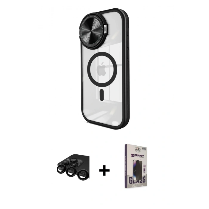 MARSİLYAN™- iPhone 15 Pro Max Kılıf Kıvılcım Modern Koleksiyonu - Siyah Bilvis Hayalet Cam Ekran Koruyucu + Raze Metal Kamera Lens - SH