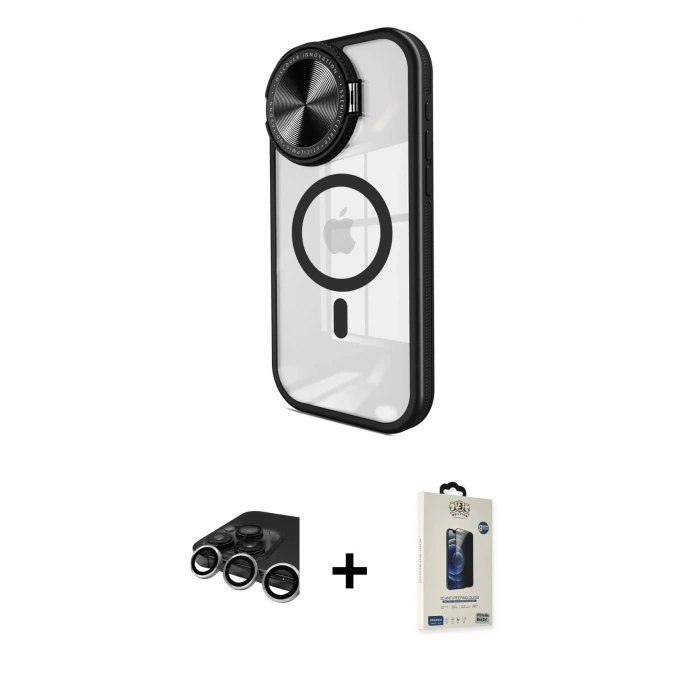 MARSİLYAN™- iPhone 15 Pro Max Kılıf Kıvılcım Modern Koleksiyonu - Siyah Bilvis Hayalet Cam Ekran Koruyucu + Raze Metal Kamera Lens - GS