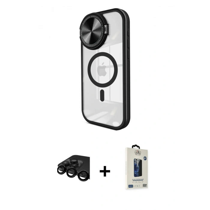 MARSİLYAN™- iPhone 15 Pro Max Kılıf Kıvılcım Modern Koleksiyonu - Siyah Bilvis Hayalet Cam Ekran Koruyucu + Raze Metal Kamera Lens - SH