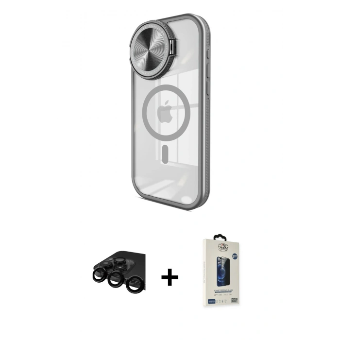 MARSİLYAN™- iPhone 15 Pro Max Kılıf Kıvılcım Modern Koleksiyonu - Siyah Bilvis Hayalet Cam Ekran Koruyucu + Raze Metal Kamera Lens - SH