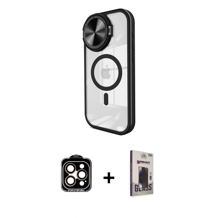 MARSİLYAN™- iPhone 15 Pro Max Kılıf Kıvılcım Modern Koleksiyonu - Siyah Bilvis Hayalet Cam Ekran Koruyucu + PVD Metal Kamera Lens - TU