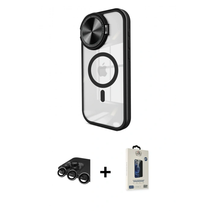 MARSİLYAN™- iPhone 15 Pro Max Kılıf Kıvılcım Modern Koleksiyonu - Siyah Bilvis Hayalet Cam Ekran Koruyucu + Raze Metal Kamera Lens - TMGI