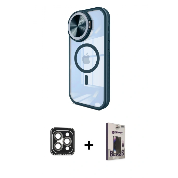 MARSİLYAN™- iPhone 15 Pro Max Kılıf Kıvılcım Modern Koleksiyonu - Siyah Bilvis Hayalet Cam Ekran Koruyucu + PVD Metal Kamera Lens - GI