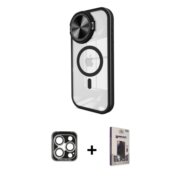 MARSİLYAN™- iPhone 15 Pro Max Kılıf Kıvılcım Modern Koleksiyonu - Siyah Bilvis Hayalet Cam Ekran Koruyucu + PVD Metal Kamera Lens - GS