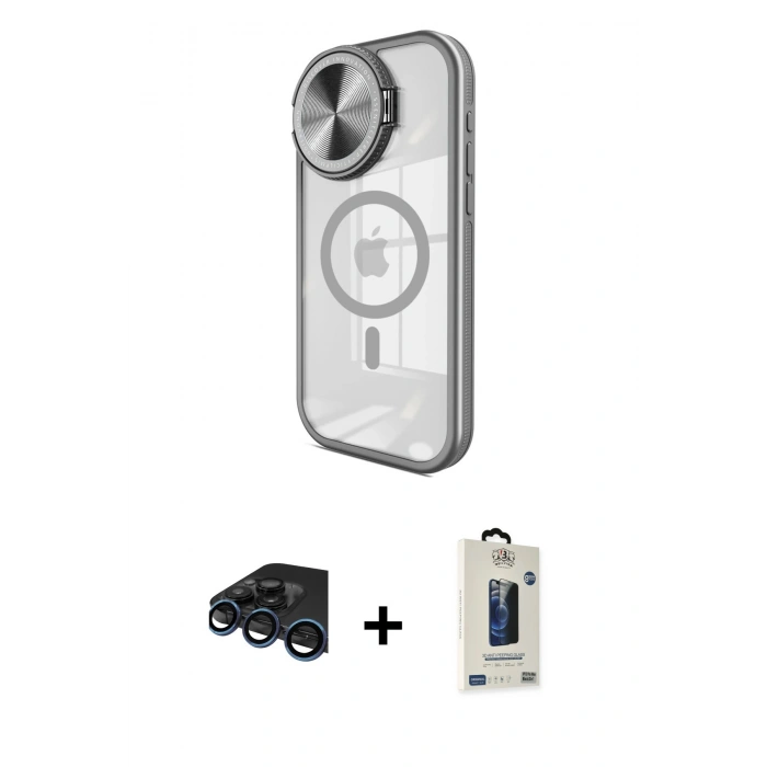 MARSİLYAN™- iPhone 15 Pro Max Kılıf Kıvılcım Modern Koleksiyonu - Siyah Bilvis Hayalet Cam Ekran Koruyucu + Raze Metal Kamera Lens - LT