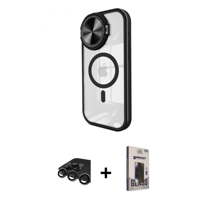 MARSİLYAN™- iPhone 15 Pro Max Kılıf Kıvılcım Modern Koleksiyonu - Siyah Bilvis Hayalet Cam Ekran Koruyucu + Raze Metal Kamera Lens - TMGI