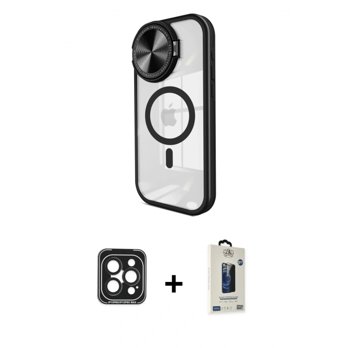 MARSİLYAN™- iPhone 15 Pro Max Kılıf Kıvılcım Modern Koleksiyonu - Siyah Bilvis Hayalet Cam Ekran Koruyucu + Siyah PVD Metal Kamera Lens