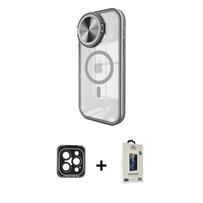 MARSİLYAN™- iPhone 15 Pro Max Kılıf Kıvılcım Modern Koleksiyonu - Siyah Bilvis Hayalet Cam Ekran Koruyucu + Siyah PVD Metal Kamera Lens
