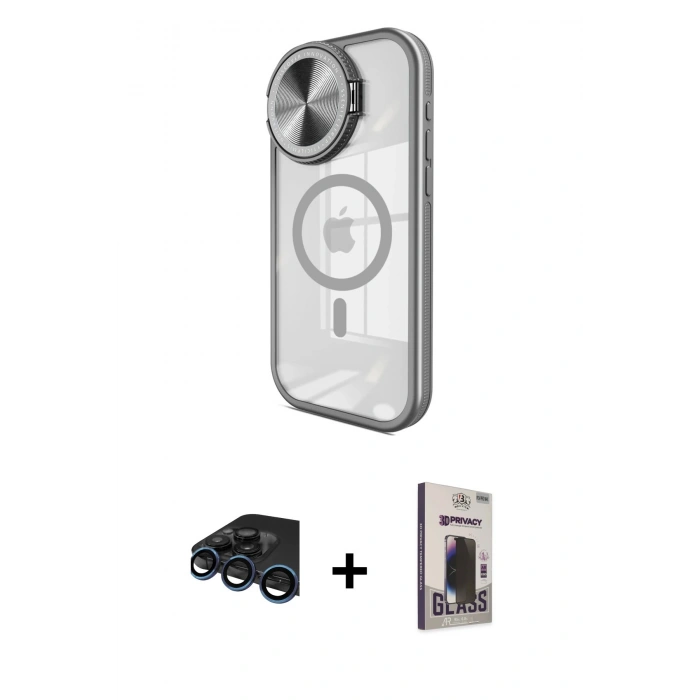 MARSİLYAN™- iPhone 15 Pro Max Kılıf Kıvılcım Modern Koleksiyonu - Siyah Bilvis Hayalet Cam Ekran Koruyucu + Raze Metal Kamera Lens - LT