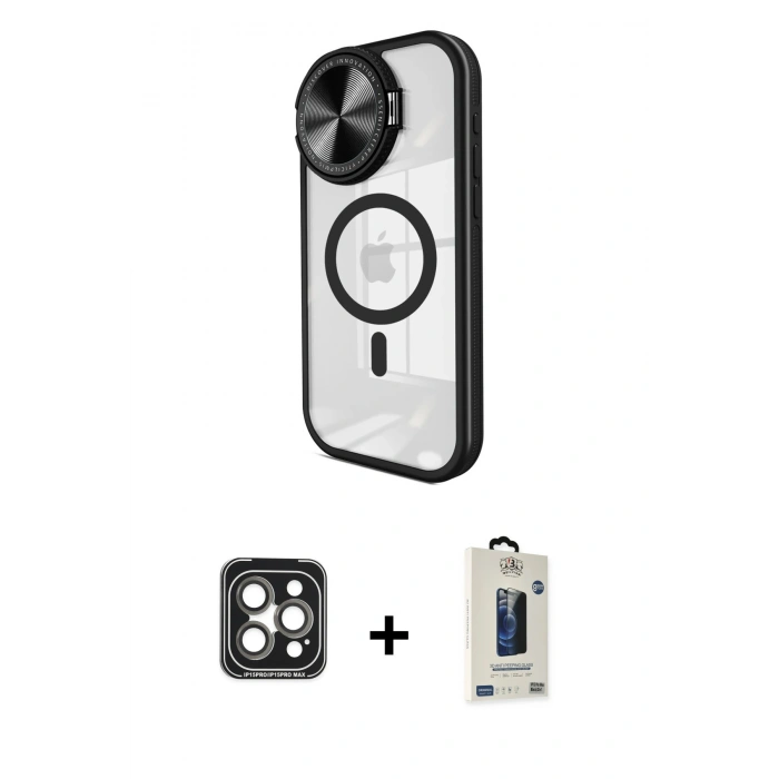 MARSİLYAN™- iPhone 15 Pro Max Kılıf Kıvılcım Modern Koleksiyonu - Siyah Bilvis Hayalet Cam Ekran Koruyucu + PVD Metal Kamera Lens - GI