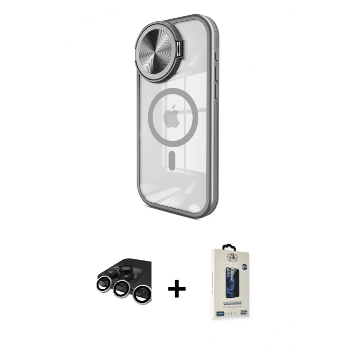 MARSİLYAN™- iPhone 15 Pro Max Kılıf Kıvılcım Modern Koleksiyonu - Siyah Bilvis Hayalet Cam Ekran Koruyucu + Raze Metal Kamera Lens - GS