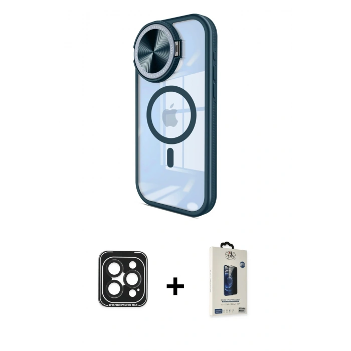 MARSİLYAN™- iPhone 15 Pro Max Kılıf Kıvılcım Modern Koleksiyonu - Siyah Bilvis Hayalet Cam Ekran Koruyucu + PVD Metal Kamera Lens - SH