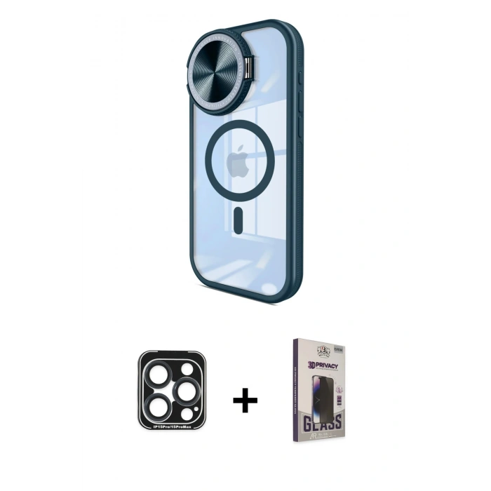 MARSİLYAN™- iPhone 15 Pro Max Kılıf Kıvılcım Modern Koleksiyonu - Siyah Bilvis Hayalet Cam Ekran Koruyucu + Lacivert PVD Metal Kamera Lens