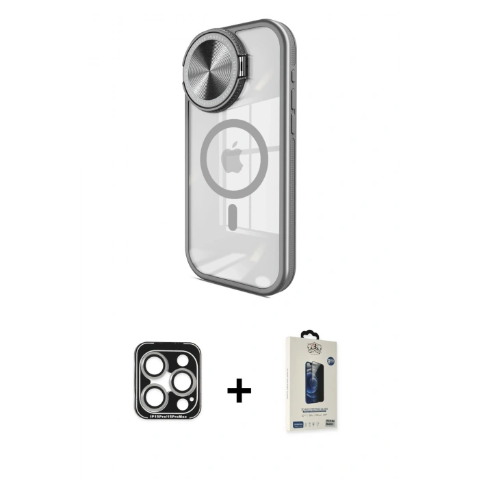 MARSİLYAN™- iPhone 15 Pro Max Kılıf Kıvılcım Modern Koleksiyonu - Siyah Bilvis Hayalet Cam Ekran Koruyucu + PVD Metal Kamera Lens - GS