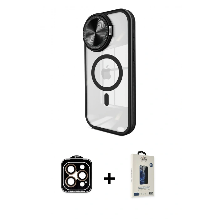 MARSİLYAN™- iPhone 15 Pro Max Kılıf Kıvılcım Modern Koleksiyonu - Siyah Bilvis Hayalet Cam Ekran Koruyucu + Turuncu PVD Metal Kamera Lens