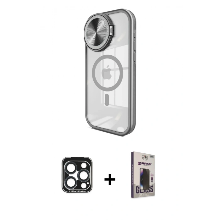 MARSİLYAN™- iPhone 15 Pro Max Kılıf Kıvılcım Modern Koleksiyonu - Siyah Bilvis Hayalet Cam Ekran Koruyucu + Lacivert PVD Metal Kamera Lens