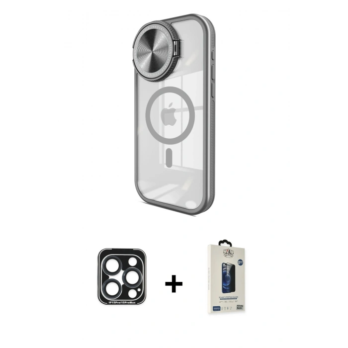 MARSİLYAN™- iPhone 15 Pro Max Kılıf Kıvılcım Modern Koleksiyonu - Siyah Bilvis Hayalet Cam Ekran Koruyucu + PVD Metal Kamera Lens - LT