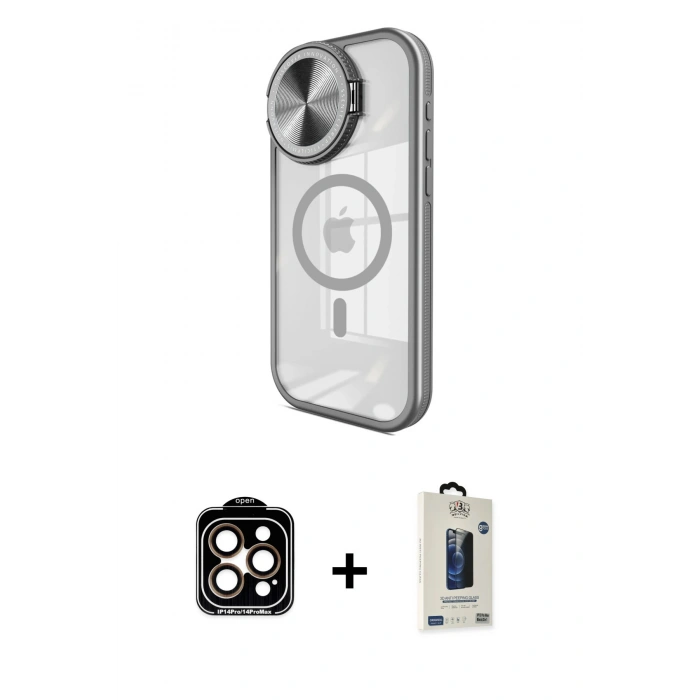 MARSİLYAN™- iPhone 15 Pro Max Kılıf Kıvılcım Modern Koleksiyonu - Siyah Bilvis Hayalet Cam Ekran Koruyucu + Turuncu PVD Metal Kamera Lens