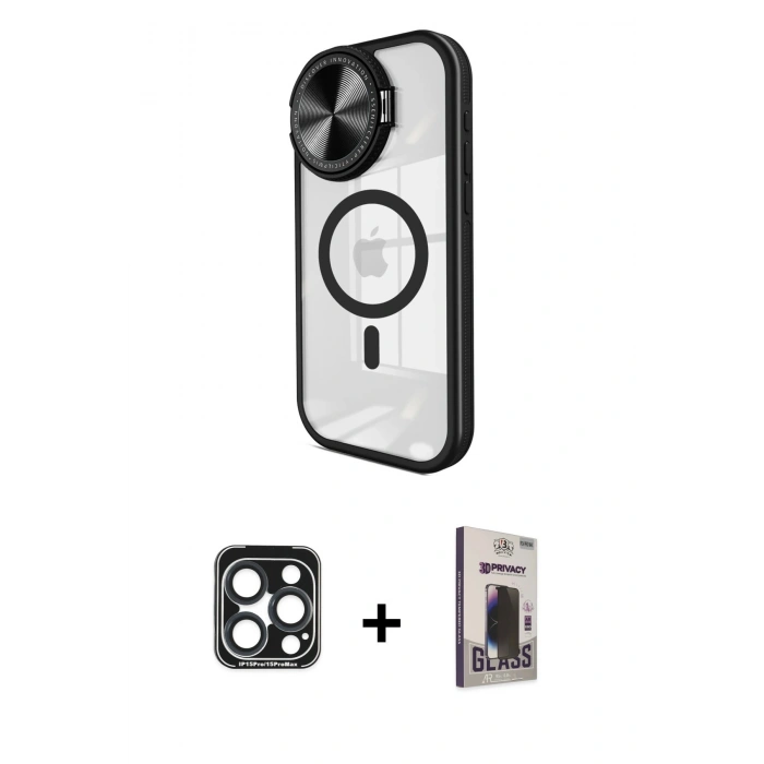 MARSİLYAN™- iPhone 15 Pro Max Kılıf Kıvılcım Modern Koleksiyonu - Siyah Bilvis Hayalet Cam Ekran Koruyucu + Lacivert PVD Metal Kamera Lens