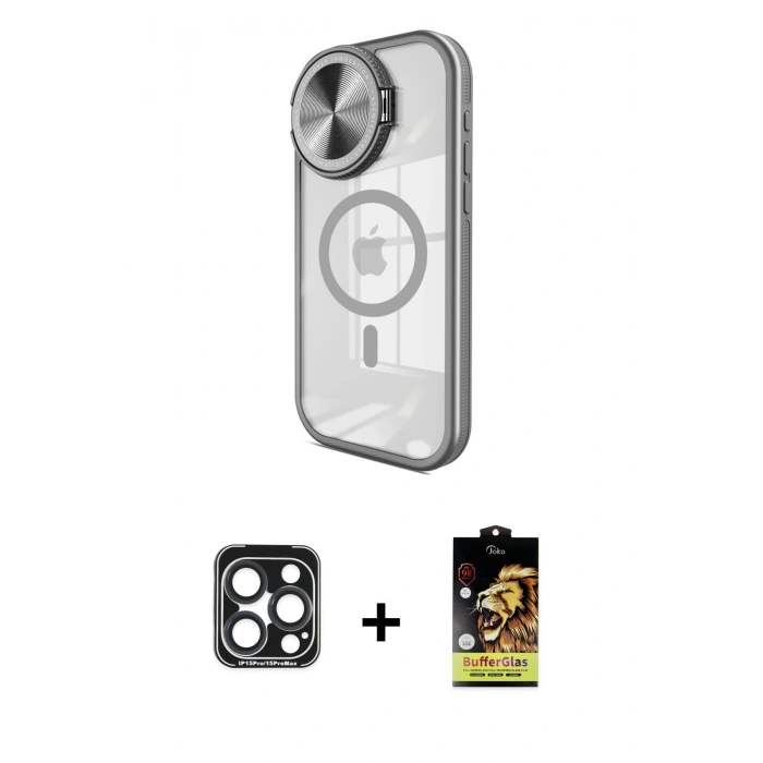 MARSİLYAN™- iPhone 15 Pro Max Kılıf Kıvılcım Modern Koleksiyonu - Siyah Buffer Cam Ekran Koruyucu + PVD Metal Kamera Lens - LT